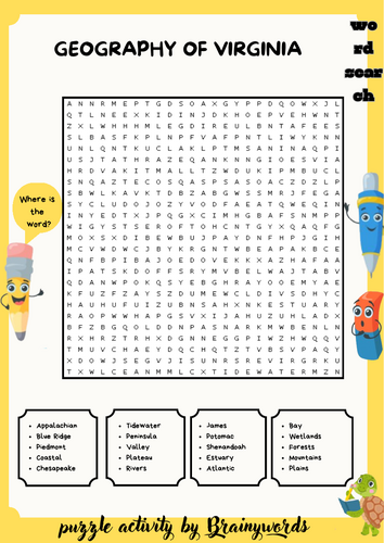 Virginia Geography Word Search Puzzle + Answer Key