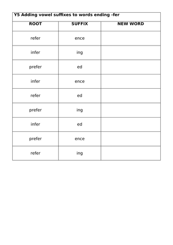 Adding suffixes to words ending fer CROSSWORDS and WORKSHEETS