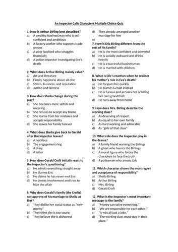 An Inspector Calls - Characters Multiple Choice Quiz