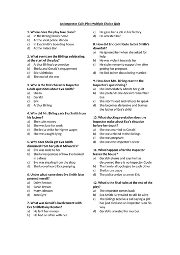 An Inspector Calls - Plot Multiple Choice Quiz