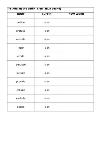Adding sion suffix (zhun sound) WORKSHEETS and CROSSWORDS