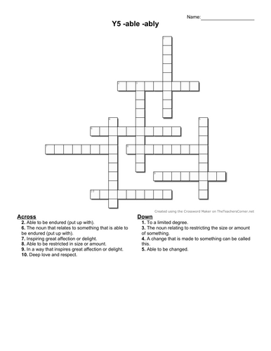 Words ending able and ably WORKSHEETS and CROSSWORDS