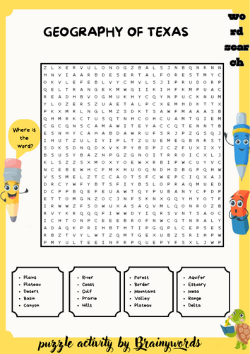 Texas  Geography Word Search Puzzle + Answer Key