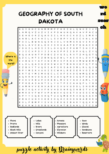South Dakota Geography Word Search Puzzle + Answer Key