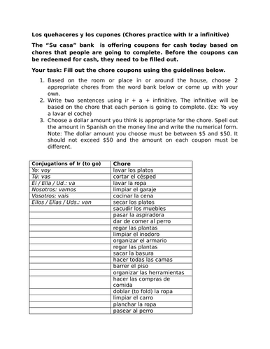 Los quehaceres y los cupones (Chores practice with Ir a infinitive)