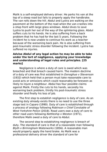 A-Level Law: 2024 Past Paper Negligence Scenario Plan + Model - Eduqas Tort Law