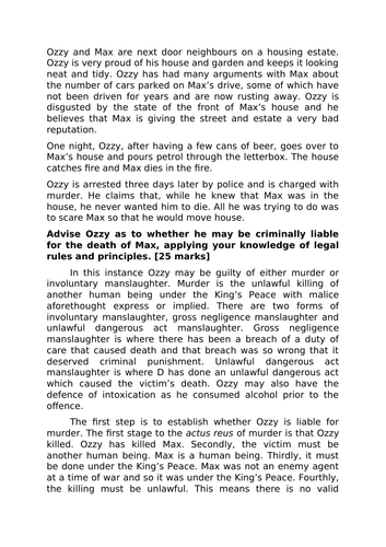 A-Level Law: 2024 Involuntary Manslaughter Scenario + Model + Plan - Eduqas Criminal