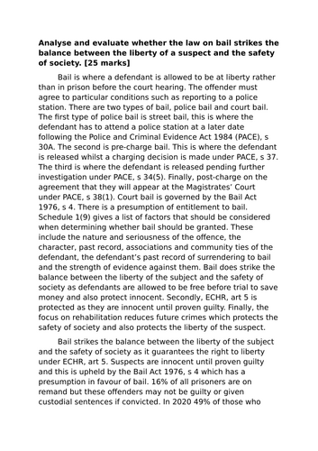 A-Level Law: 2024 Past Paper Bail Evaluation Model Answer + Plan - Eduqas Criminal