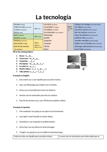 La tecnología - worksheet