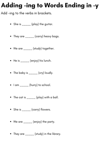adding ing to words ending in y worksheets