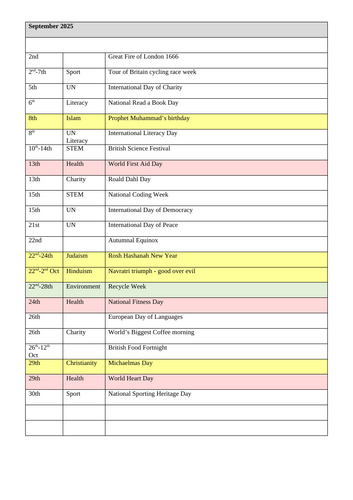 Assembly / Events Planner calendar for 2025 - 2026