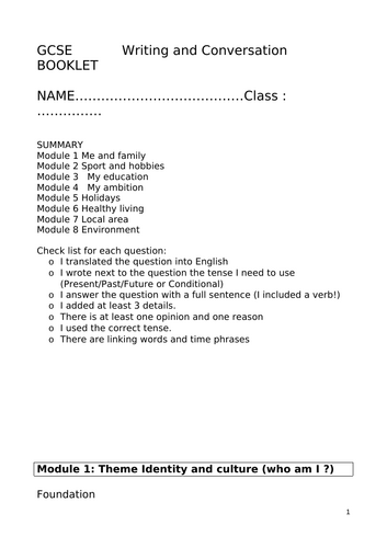 writing and conversation booklet