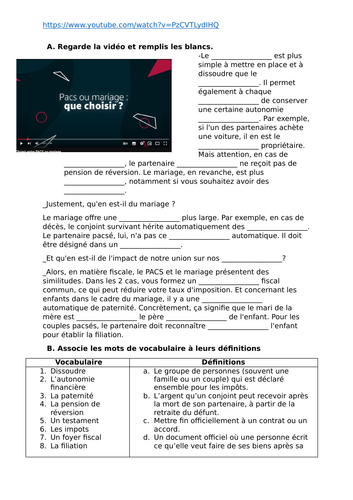 Worksheet - Mariage vs PACS