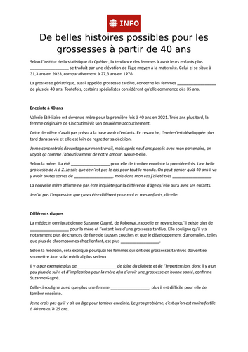 Worksheet - Article sur les grossesses tardives - 1.1 Vie de couple