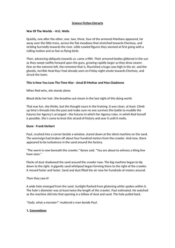 Science Fiction Extracts Worksheet