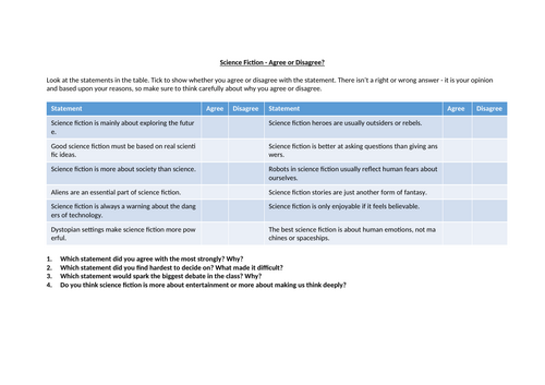 Science Fiction - Agree or Disagree? Worksheet