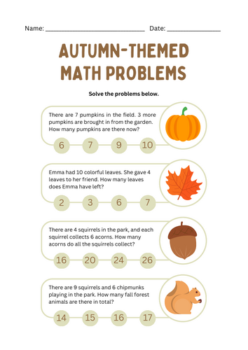 Autumn-Themed Math Problems Worksheet in Green And Brown Pastel Style