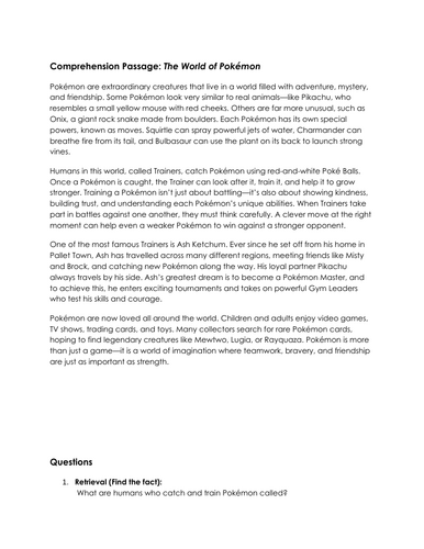 KS2 Pokemon comprehension