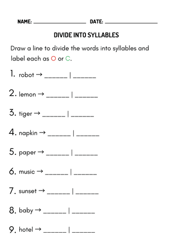 Printable Open and Closed Syllables Worksheet