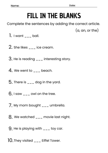 Printable Articles (a, an, the) English Grammar Worksheets for Grade 1, 2, 3