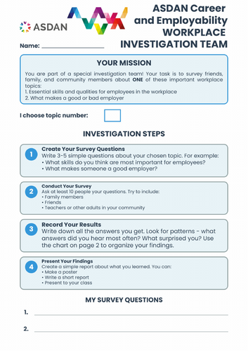 ASDAN Careers and Development - Self Development - Workplace Investigation - A4