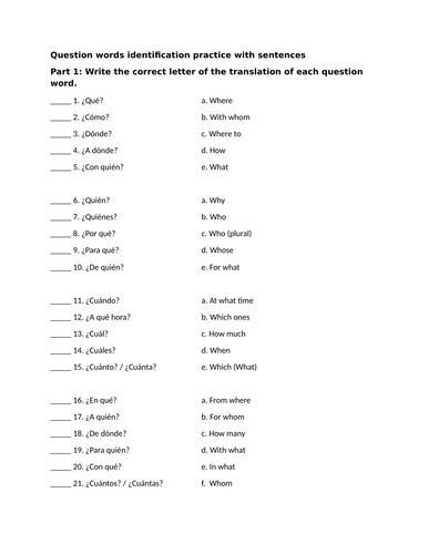 Question words identification practice with sentences (Spanish)