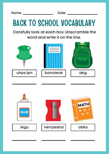 Back to School Activity Vocabulary Worksheet for Kids