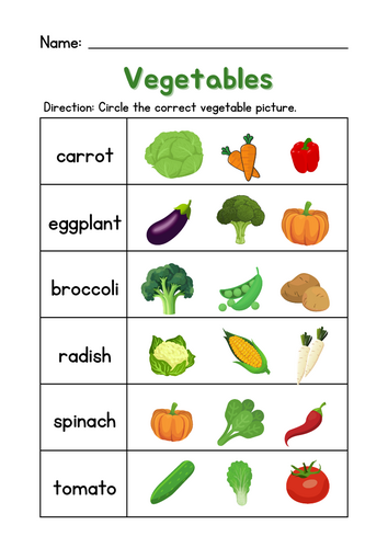 Colorful Illustrated Vegetable Identification Worksheet