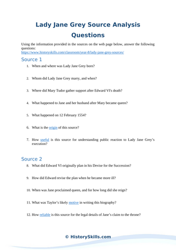 Lady Jane Grey Source Analysis Questions Worksheet