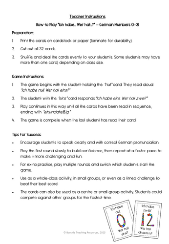 German number game 0-31 | Ich habe... wer hat...?