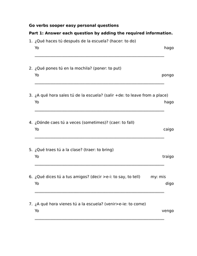 Go verbs sooper easy personal questions
