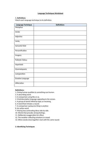 Language Techniques Worksheet