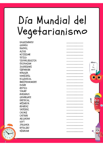 World Vegetarian Day Word scramble Puzzle In Spanish