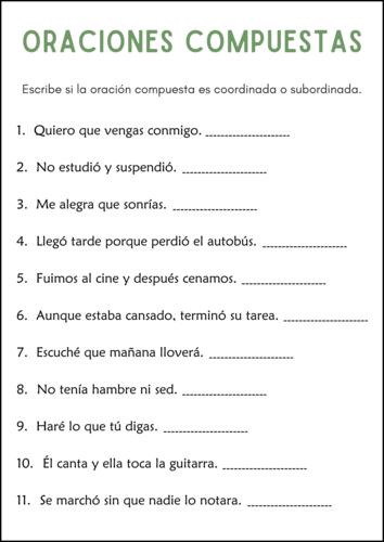 Compound sentences Grammar Worksheets in Spanish - Oraciones Compuestas