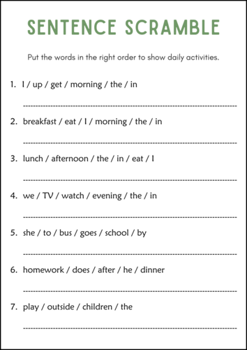 Sentence Scramble Practice Grammar Worksheets - Kindergarten Literacy Centers
