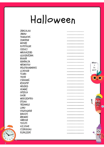 spanish  Halloween Word Scramble Puzzle Activity