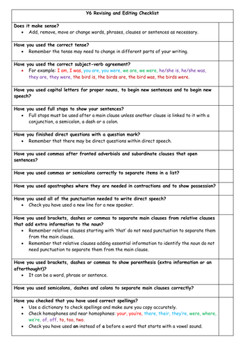 Y3 - Y6 checklist for editing writing