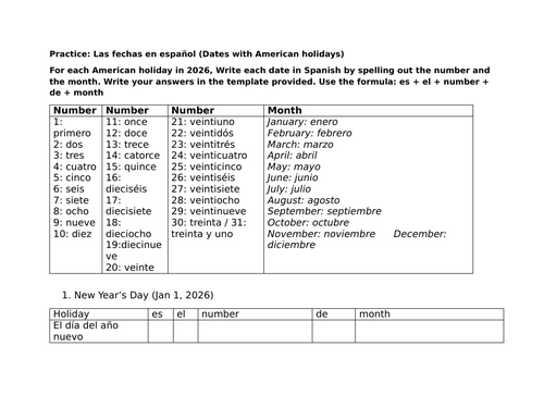 Practice: Las fechas en español (Dates with American holidays) 2026