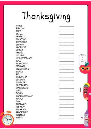 Thanksgiving Word Scramble Puzzle Activity