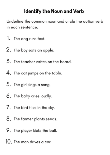Common Nouns and Action Verbs Worksheets