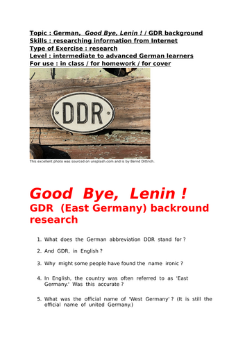 Topic : German,  Good Bye, Lenin ! / GDR background