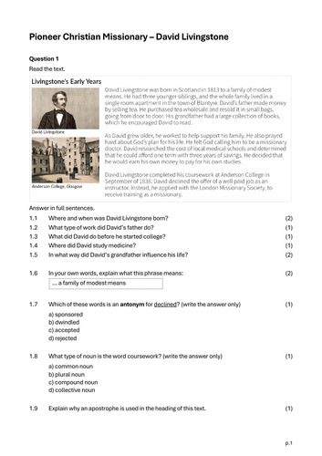 David Livingstone Reading Comprehension Task