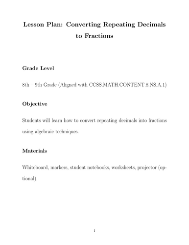 Lesson Plan: Converting Repeating Decimals to Fractions