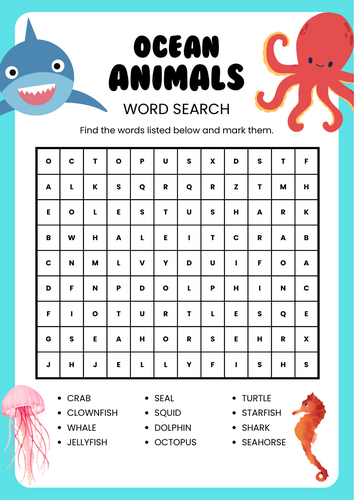 Ocean Animals Wordsearch