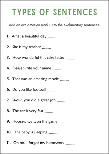 Four Types of Sentences Grammar Worksheets - Declarative, Interrogative, imperative, exclamatory