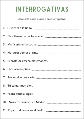 Tipos de Oraciones - Four Types of Sentences Worksheets in Spanish