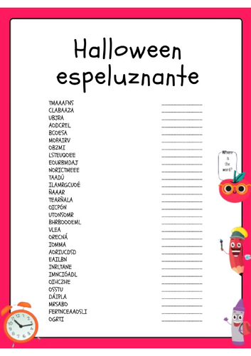 Spanish Halloween Spooky Word Scramble Activity Worksheet