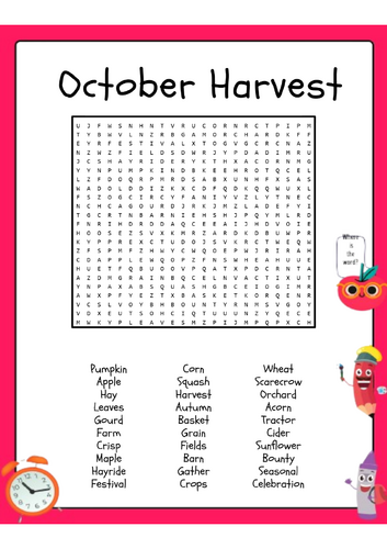 October Harvest Word Search Puzzle Activity Worksheet
