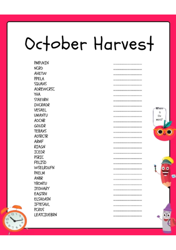 October Harvest Word Scramble Puzzle Activity Worksheet