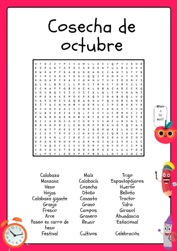 Spanish October Harvest Word Search Puzzle Activity Worksheet